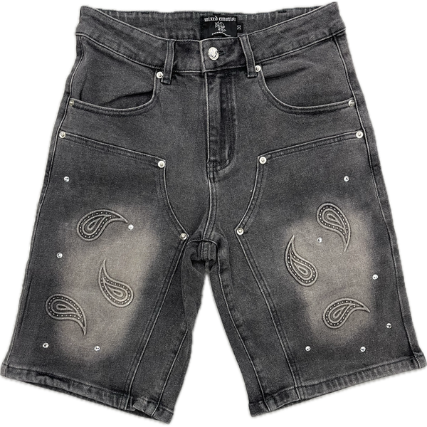 Mixed Emotion Paisley Denim Shorts "Black"