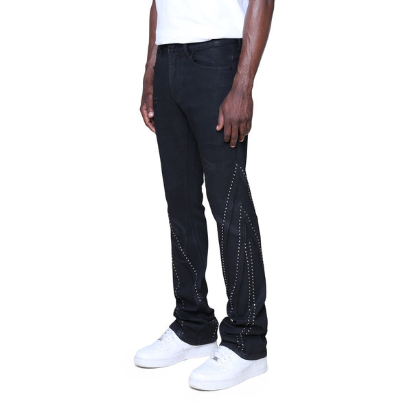 Smoke Rise Barbwire Rhinestone Stacked Jeans “Black”