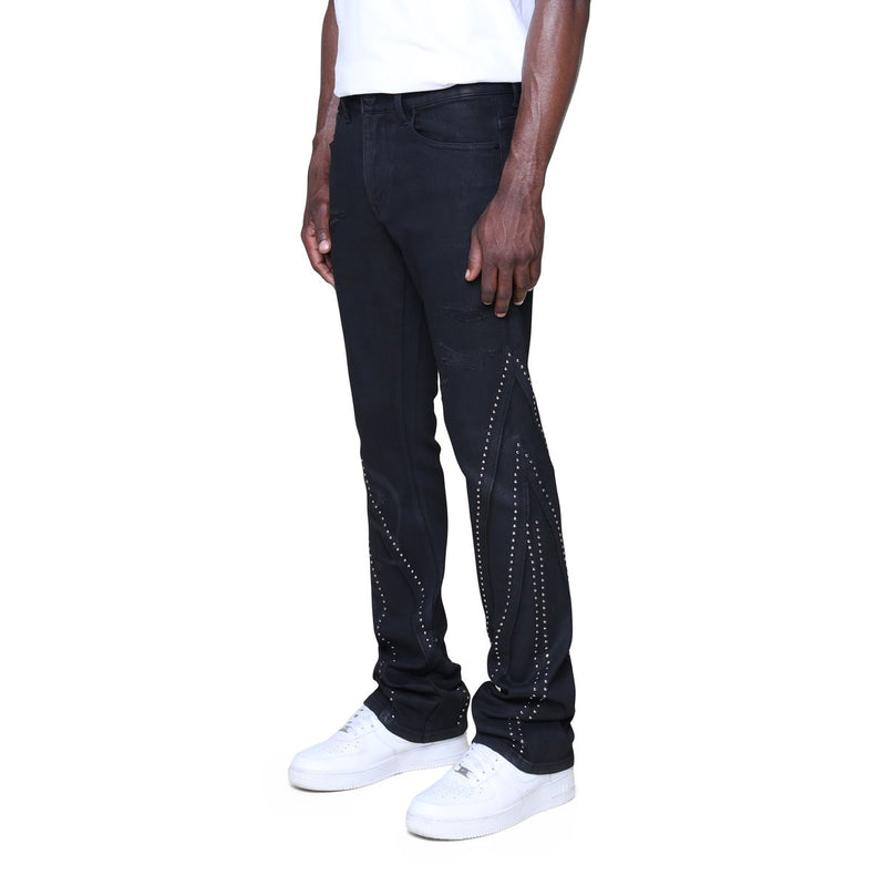 Smoke Rise Barbwire Rhinestone Stacked Jeans “Black”