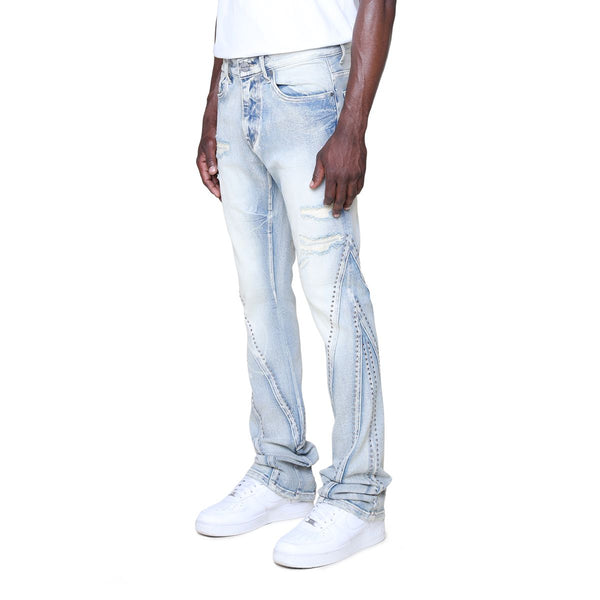 Smoke Rise Barbwire Rhinestone Stacked Jeans “Blue”