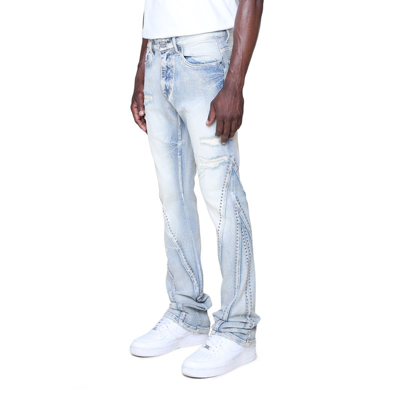 Smoke Rise Barbwire Rhinestone Stacked Jeans “Blue”
