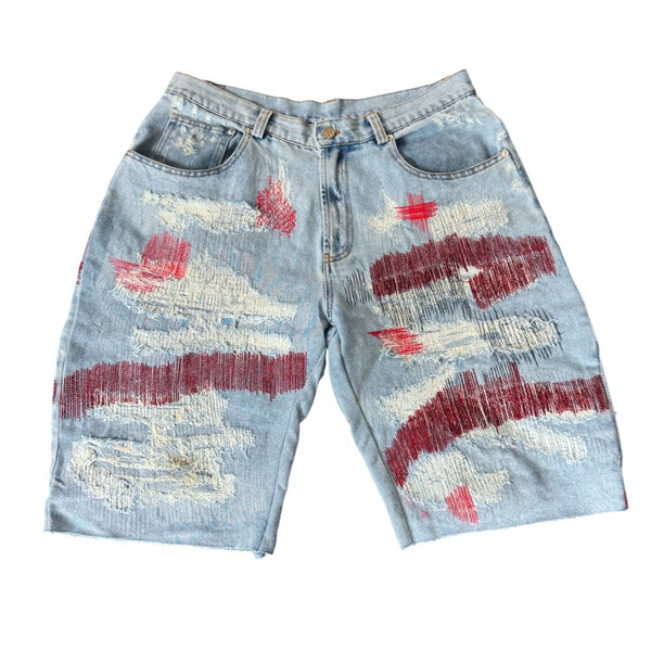 Retrovert Distressed Denim Shorts "Red"