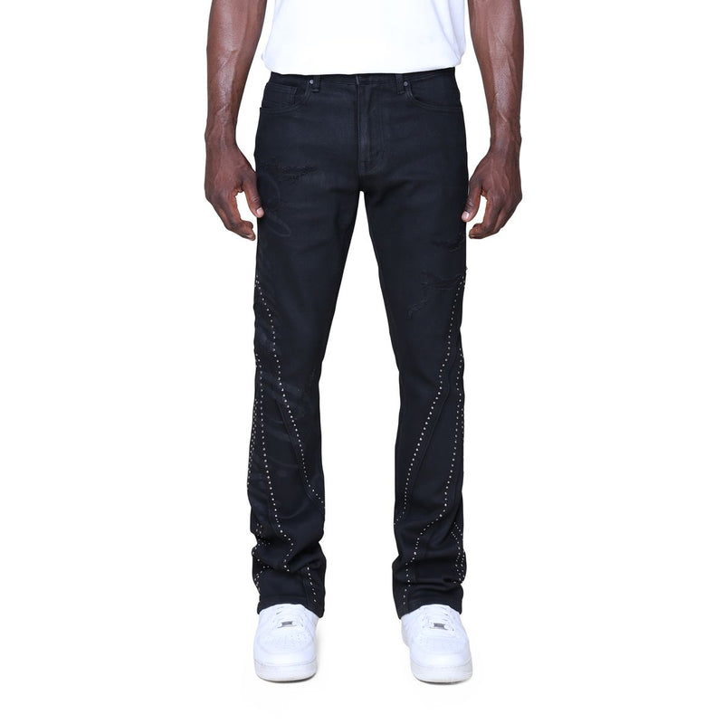 Smoke Rise Barbwire Rhinestone Stacked Jeans “Black”