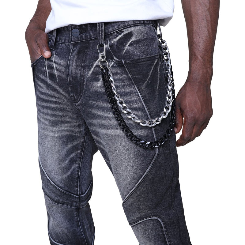 Smoke Rise Colorblock Piping Stacked Jeans “Black Wash”