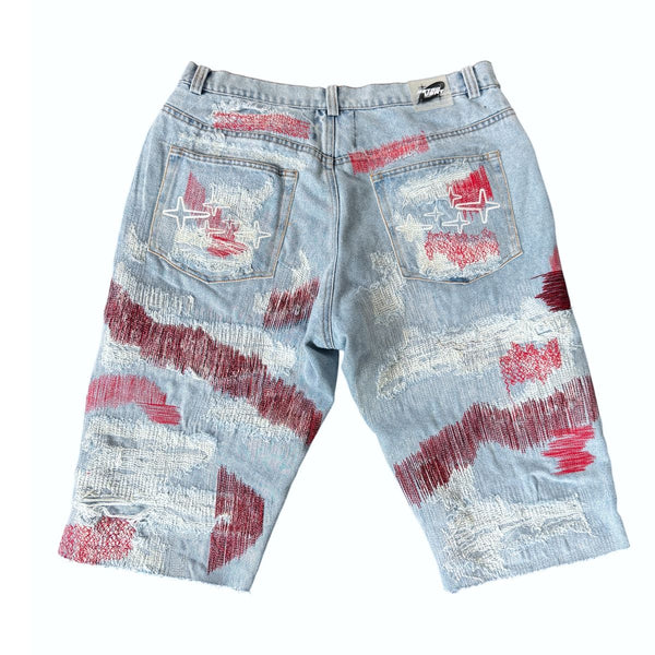 Retrovert Distressed Denim Shorts "Red"