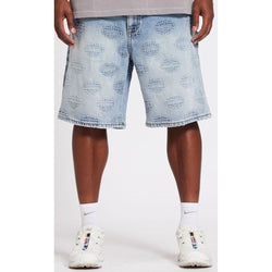 Memory Lane M Shield Pattern Jean Shorts "Lt. Blue"