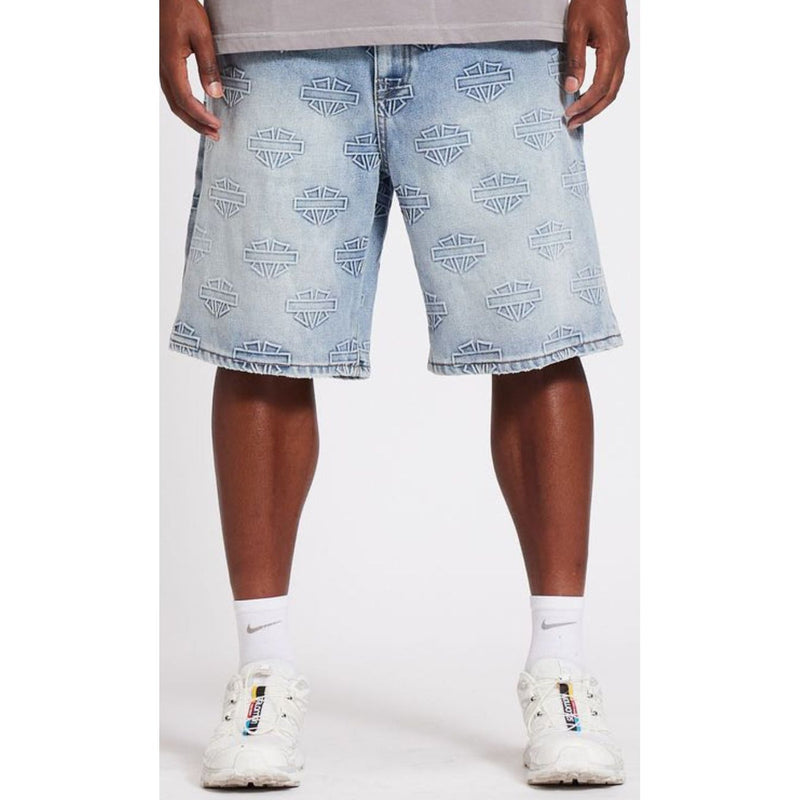 Memory Lane M Shield Pattern Jean Shorts "Lt. Blue"