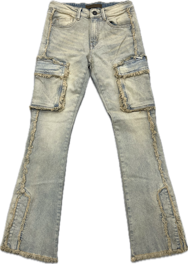 KDNK Raw Edge Skinny Flare Cargo Jeans "Washed Blue"