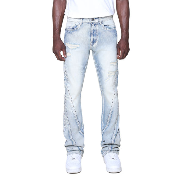 Smoke Rise Barbwire Rhinestone Stacked Jeans “Blue”