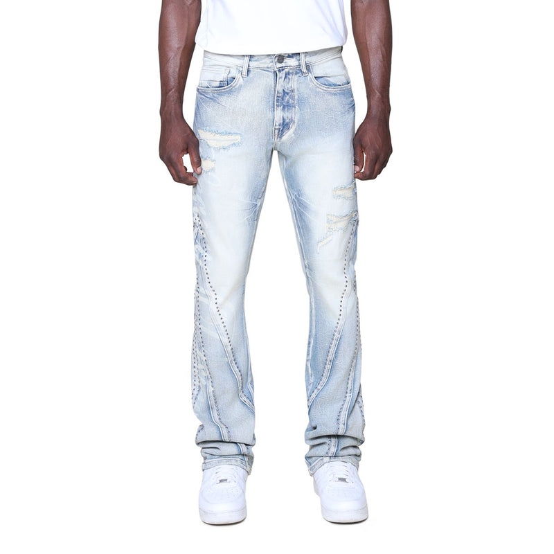 Smoke Rise Barbwire Rhinestone Stacked Jeans “Blue”