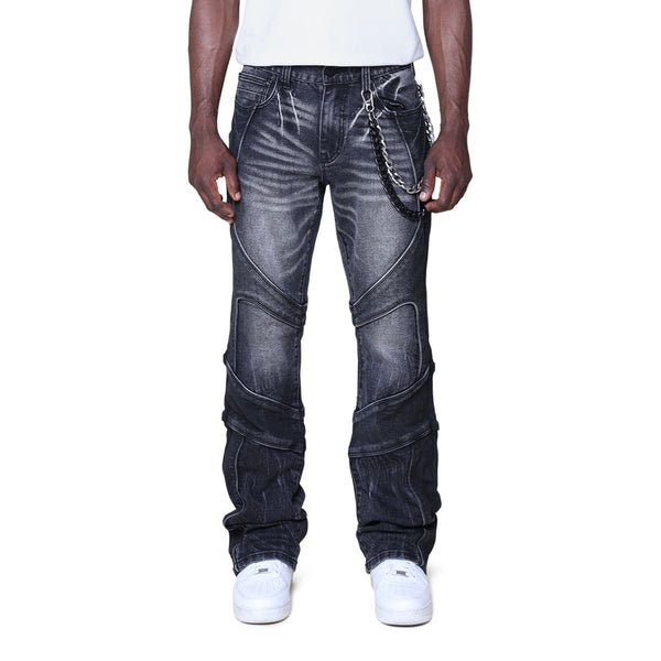 Smoke Rise Colorblock Piping Stacked Jeans “Black Wash”