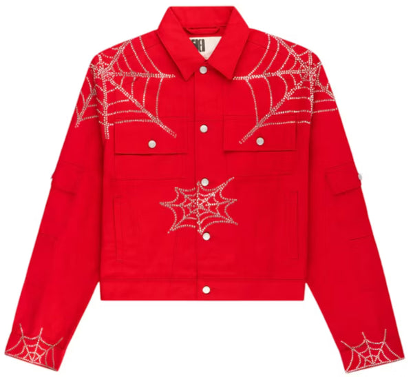 Sp5der Web Cropped Denim Jacket "Red"