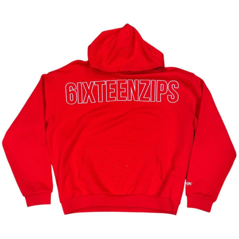 6ixteen Zips Outline Rhinestone Hoodie “Red”