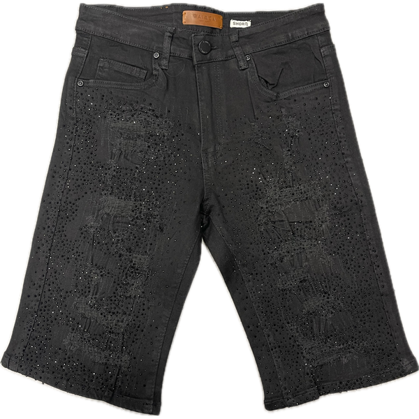 Waimea Rhinestone Distressed Jean Shorts "Black"