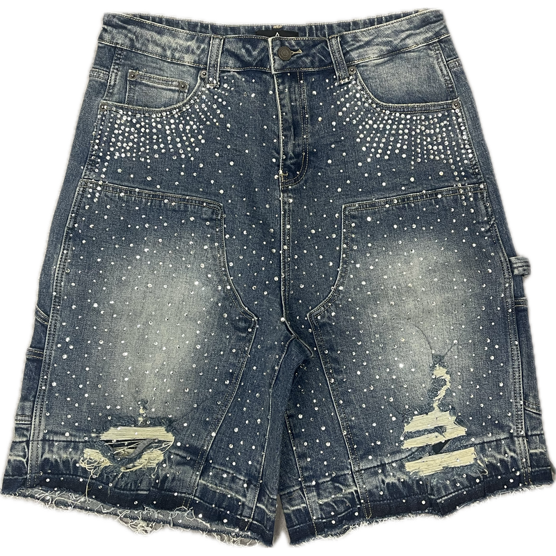 Paper Money Crystallized Jean Shorts "Blue"