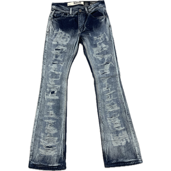 Rebel Distressed Stacked Flare Jeans “Blue”