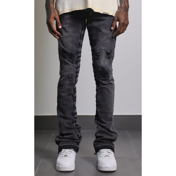 AJENDA Ruthless Distressed Stacked Jeans "Washed Black"