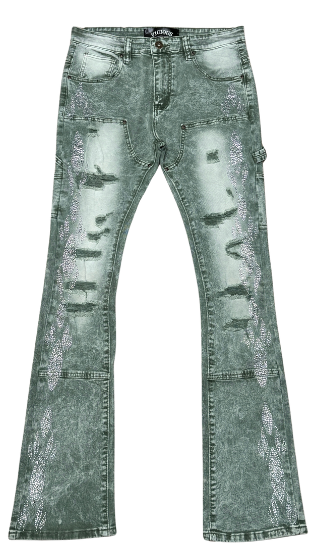 Vicious Stacked Rhinestone Jeans "Acid Olive"