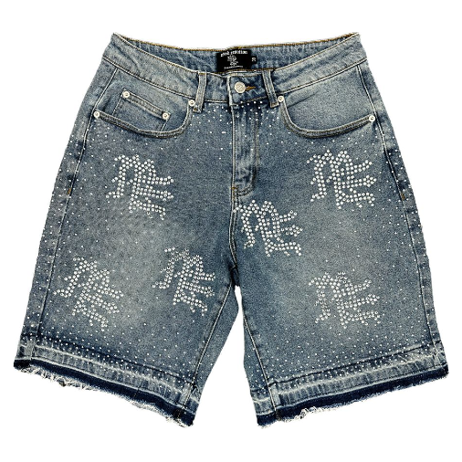 Mixed Emotion ME Rhinestone Denim Shorts "Blue"