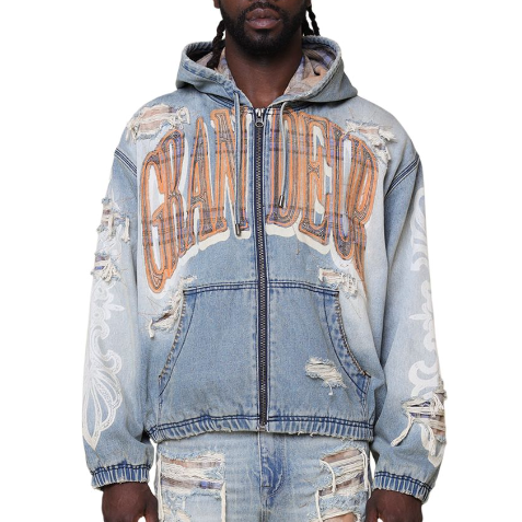Smoke Rise Grandeur Plaid Denim Hoodie Jacket "Munich Blue"