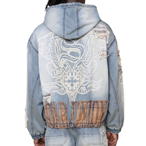 Smoke Rise Grandeur Plaid Denim Hoodie Jacket "Munich Blue"