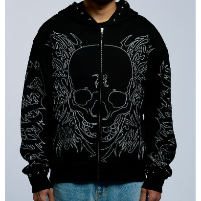 Revenge Apparel Tribal Skull Studded Zip Hoodie "Black/Silver"