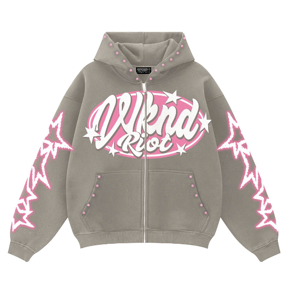 WKNDRIOT High Fashion Zip Up Hoodie "Grey/Pink"