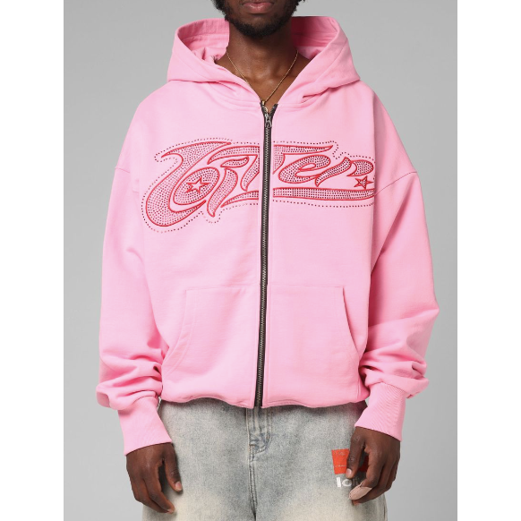 Loiter Silicone Rhinestone Zip Up Hoodie "Pink"