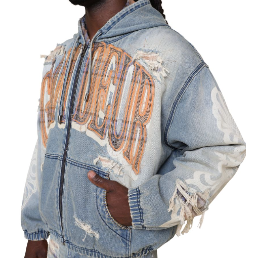 Smoke Rise Grandeur Plaid Denim Hoodie Jacket "Munich Blue"