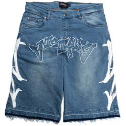 Visionary Club Graffiti Blitz Long Straight Denim Shorts "Sea Breeze"