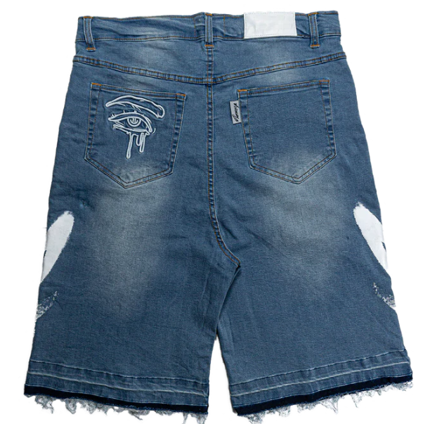 Visionary Club Graffiti Blitz Long Straight Denim Shorts "Sea Breeze"