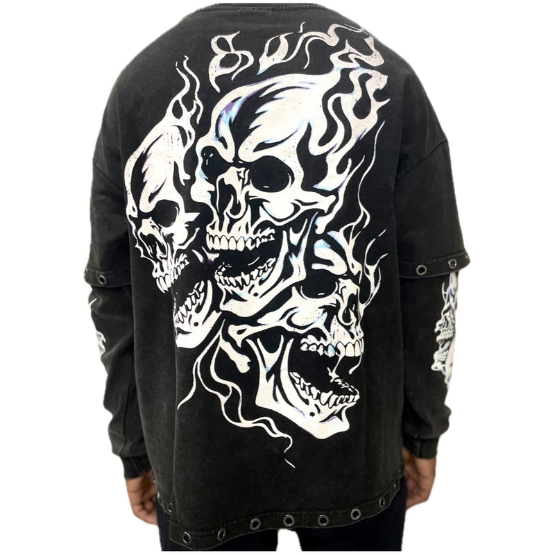 Sucka Free Flaming Skull Double L/S Tee "Washed Black"