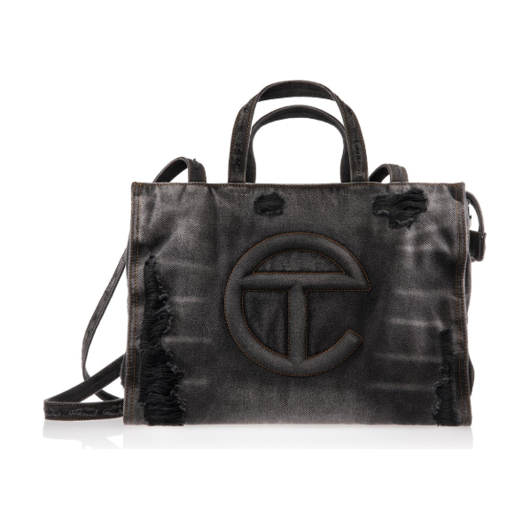 Telfar Medium Denim Shopping Bag "Distressed Black"