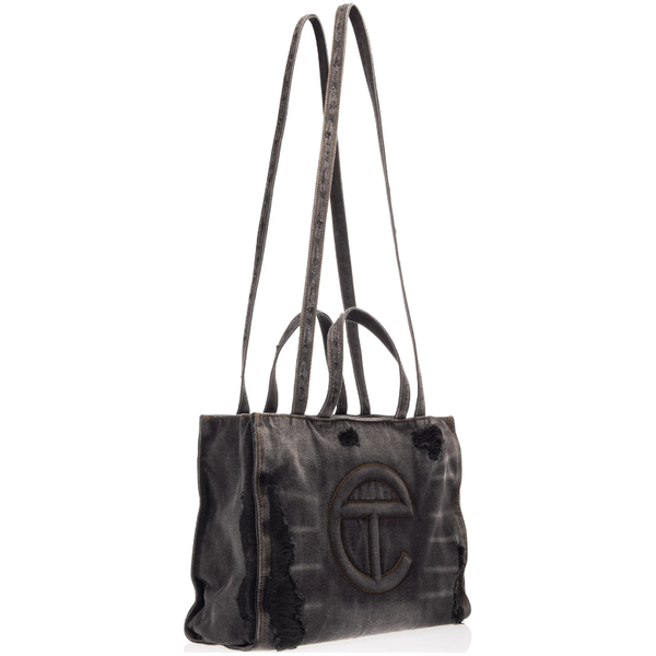 Telfar Medium Denim Shopping Bag "Distressed Black"