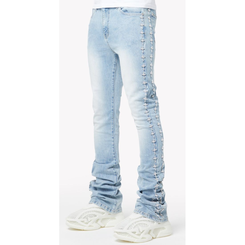 Guapi Embellished Cross Stacked Denim Jeans “Vintage Blue”