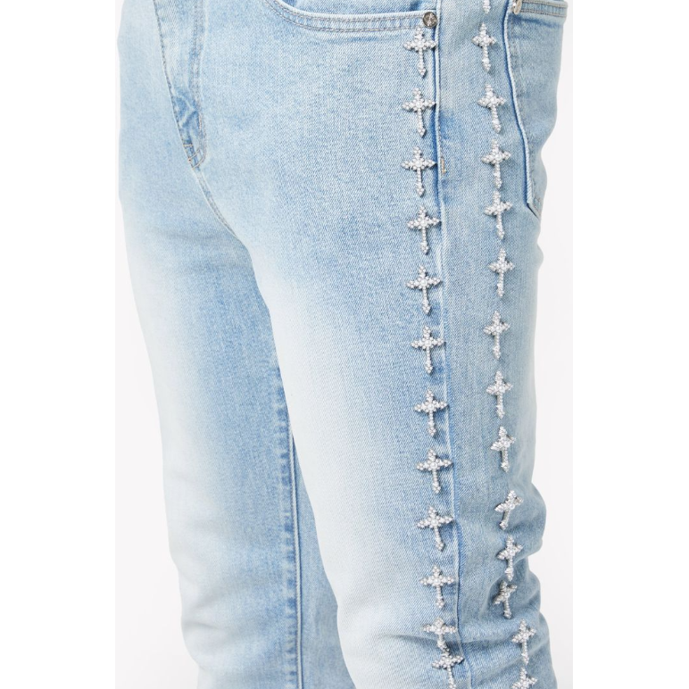 Guapi Embellished Cross Stacked Denim Jeans “Vintage Blue”