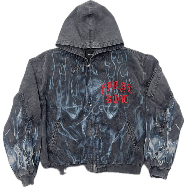 First Row Rhinestone Denim Workman Hooded Jacket "Black/Red"